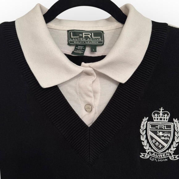 RALPH LAUREN Layered Crest Top, Size Large, Black/White - Picture 5 of 8